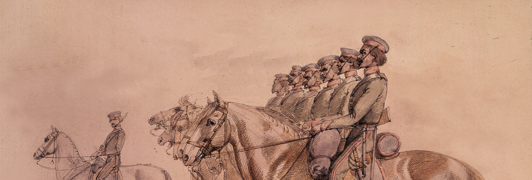 William Strutt watercolour, 1850 reproduced coutresy of Parliament of Victoria Watercolour depicting Aboriginal troopers on horseback